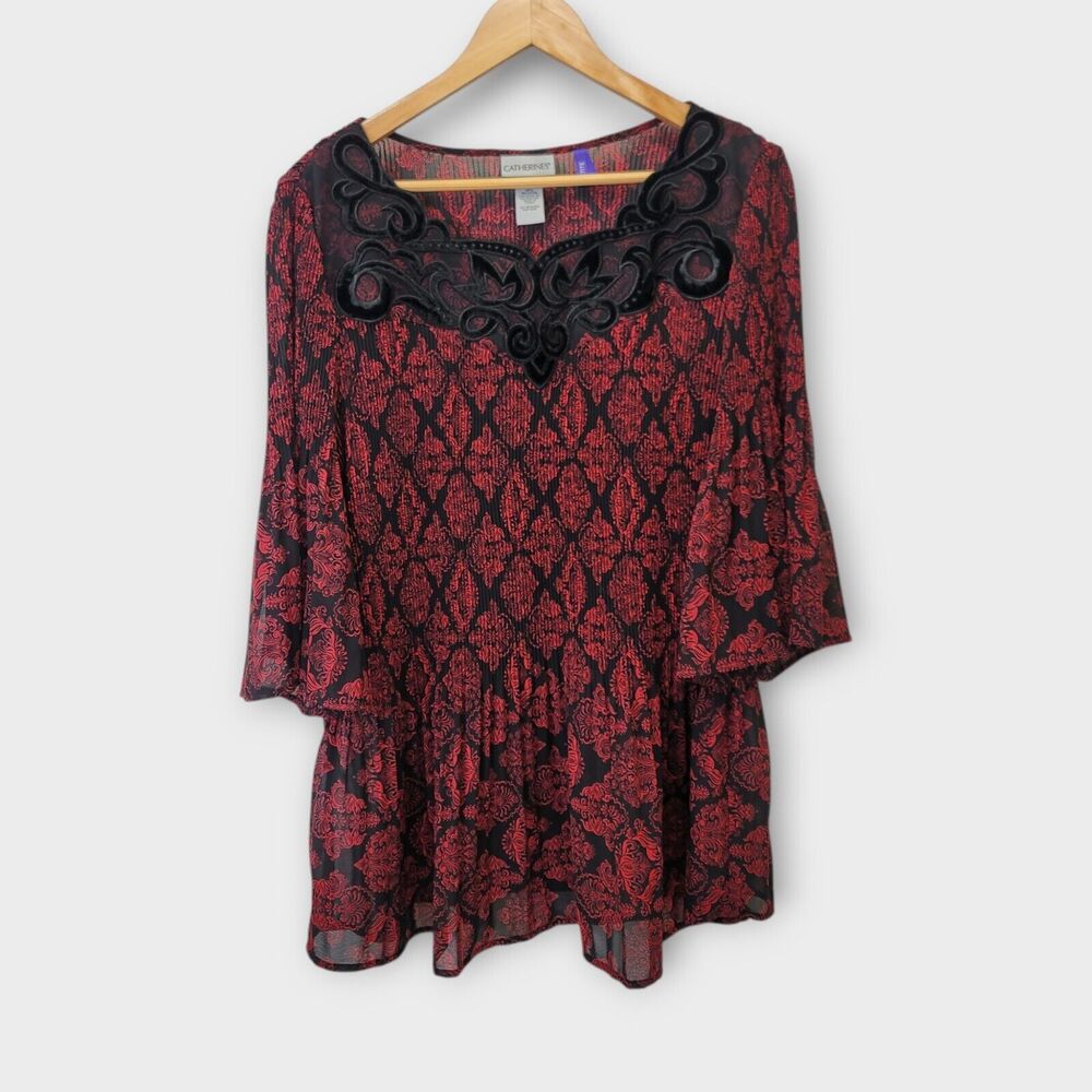 Catherines Tunic Top Blouse Size 1XWP Red Black Velvet Trim‎ Pleated Paisley